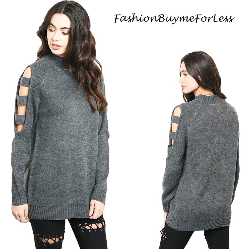 BOHO Goth Gray Cut-out Sleeve Neckline Sweater Top